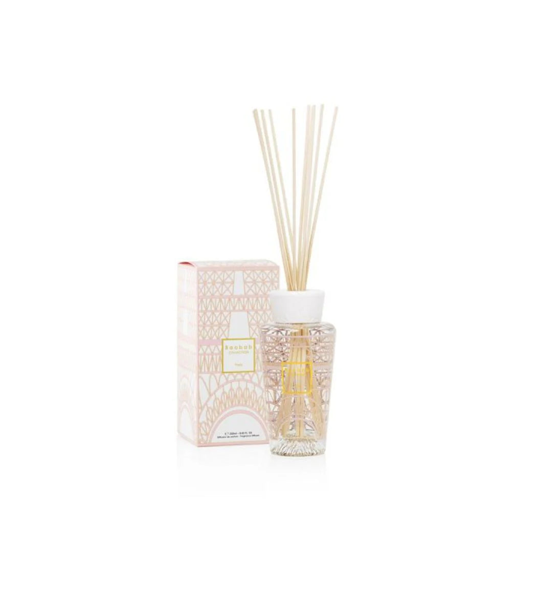 250ml Paris My First Baobab diffuser with pink geometric glass bottle, white cap, reeds, and matching box.