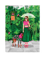 Affiche poster wet season jungle tropicale femme sous la pluie avec chien en impermable aquarelle format medium marque All The Ways To Say