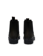 Dos des Bottes de pluie Chelsea marron en caoutchouc naturel avec élastique latéral noir, doublure fausse fourrure et semelle crantée
