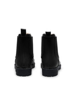 Dos des Bottes de pluie Chelsea noires en caoutchouc naturel avec doublure en fausse fourrure, élastique latéral et semelle crantée