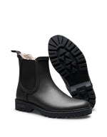 Semelle des Bottes de pluie Chelsea noires en caoutchouc naturel avec doublure en fausse fourrure, élastique latéral et semelle crantée