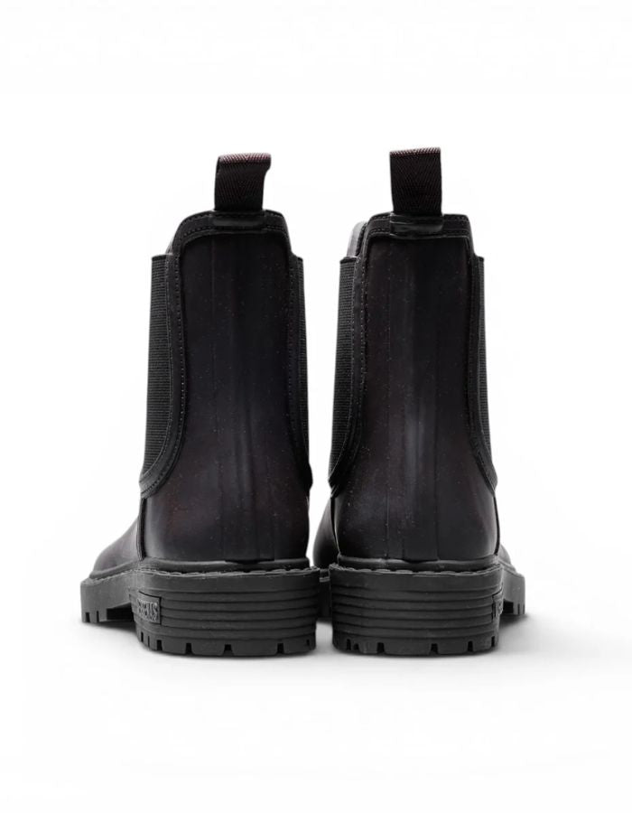 Dos des Bottes de pluie Chelsea marron en caoutchouc naturel avec doublure textile, élastique latéral noir et semelle crantée