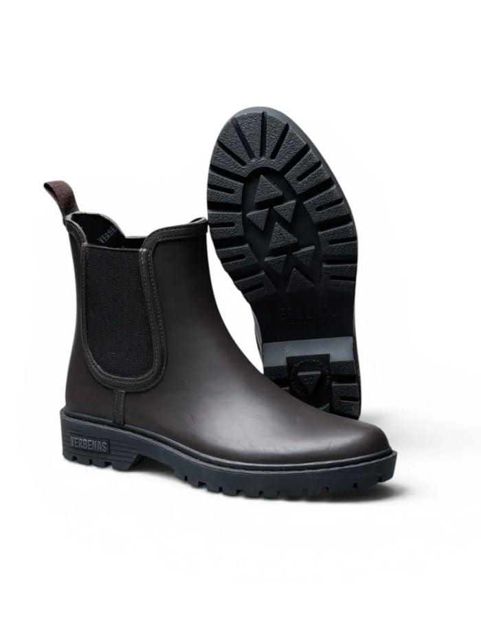 Semelle des Bottes de pluie Chelsea marron en caoutchouc naturel avec doublure textile, élastique latéral noir et semelle crantée