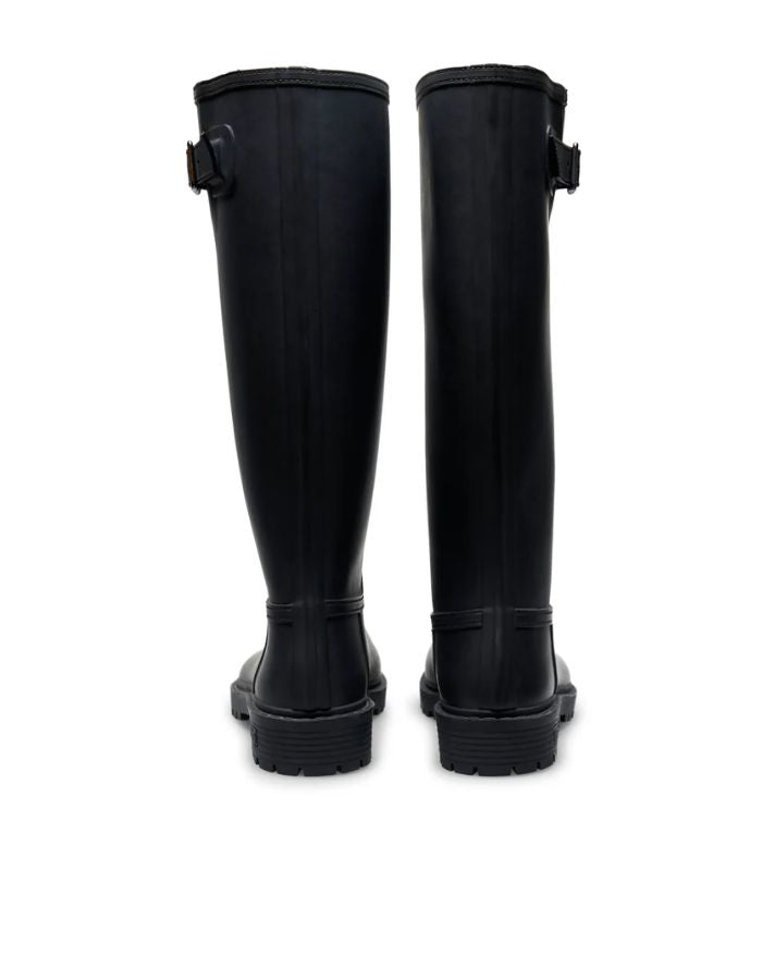 Dos des Bottes de pluie hautes pour femme en caoutchouc naturel noir monochrome avec boucle latérale et semelle crantée, modèle Greta de la marque VERBENAS