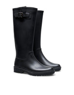 Paire de Bottes de pluie hautes pour femme en caoutchouc naturel noir monochrome avec boucle latérale et semelle crantée, modèle Greta de la marque VERBENAS