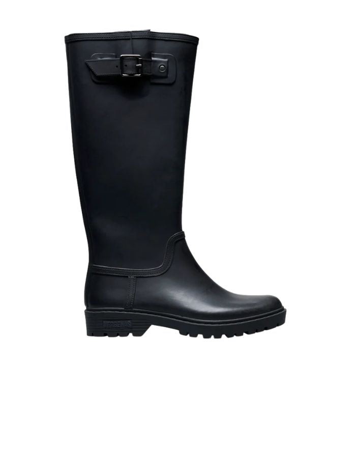 Bottes de pluie hautes pour femme en caoutchouc naturel noir monochrome avec boucle latérale et semelle crantée, modèle Greta de la marque VERBENAS