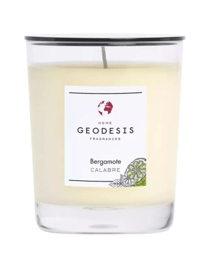 Bougie parfumee geodesis bergamote 180g verre transparent agrume calabre fabriquee en bretagne