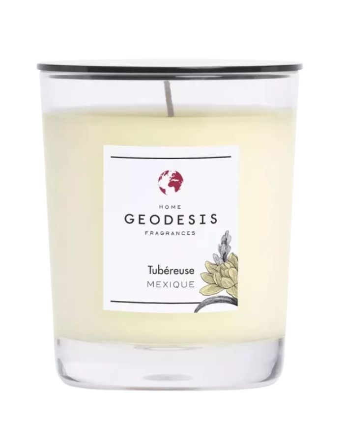 Bougie parfumee geodesis tubereuse 180g verre transparent fleur blanche fabriquee en bretagne