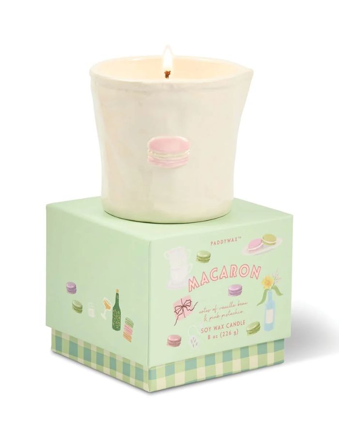 Bougie parfumee paddywax bistro macaron pot ceramique cannelee pistache vanille lait chaud.