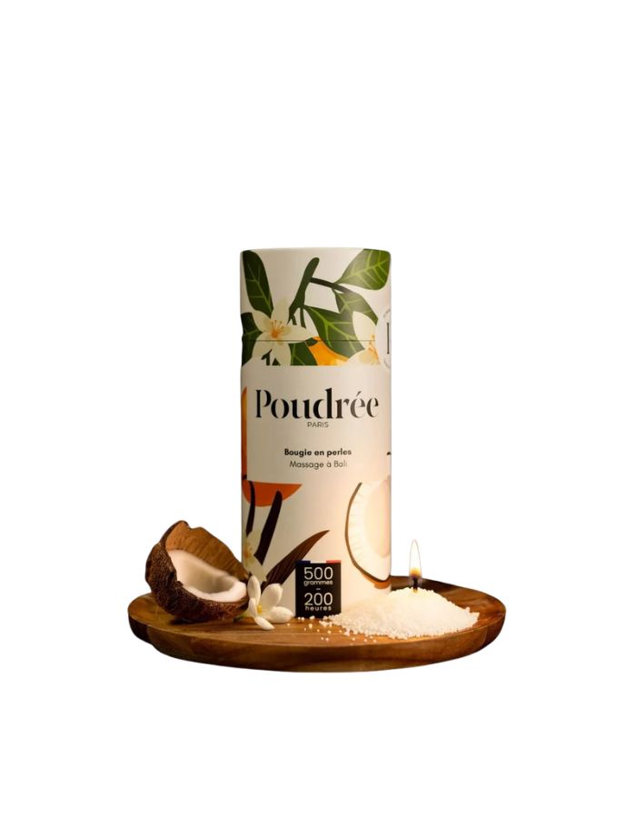 Sachet de 500g de perles de cire végétales parfumées fleur d'oranger noix de coco vanille Massage à Bali Poudrée Paris avec mèches incluses.