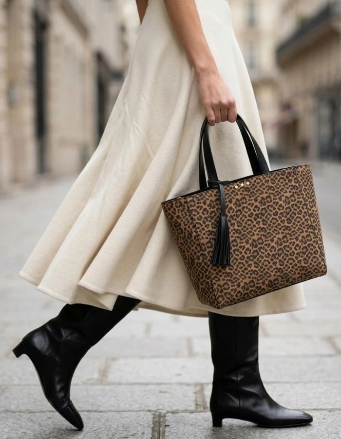 Femme avec le Petit sac cabas pour femme en cuir velours imprimé léopard avec clous métalliques, anses en cuir et bandoulière amovible, modèle Ramita de la marque Loxwood