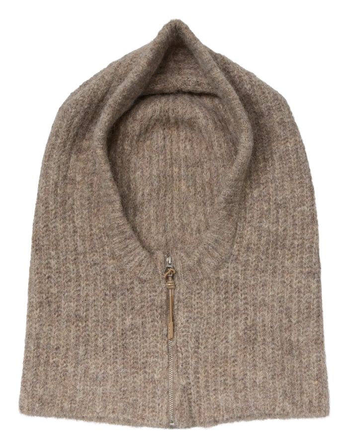 Cagoule zippee en maille cotele beige humus balaclava col capuche femme marque Object