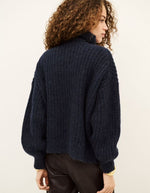 Dos du Cardigan belwane marine en maille alpaga mohair gilet bleu marine bash