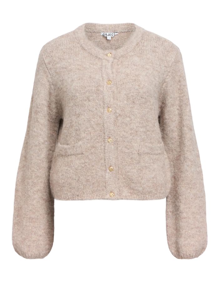Gilet col rond boutonné pour femme en maille beige chiné humus melange avec manches volumineuses, modèle Saggia de la marque OBJECT.