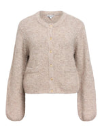 Gilet col rond boutonné pour femme en maille beige chiné humus melange avec manches volumineuses, modèle Saggia de la marque OBJECT.