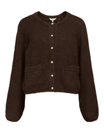 Gilet col rond boutonné pour femme en maille marron chocolat avec manches volumineuses, modèle Saggia de la marque OBJECT.