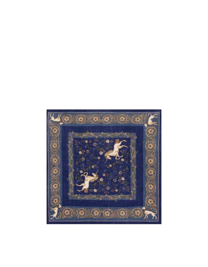 Echarpe bandana carree 75x75cm en laine bleu marine hartford motif fleuri licornes