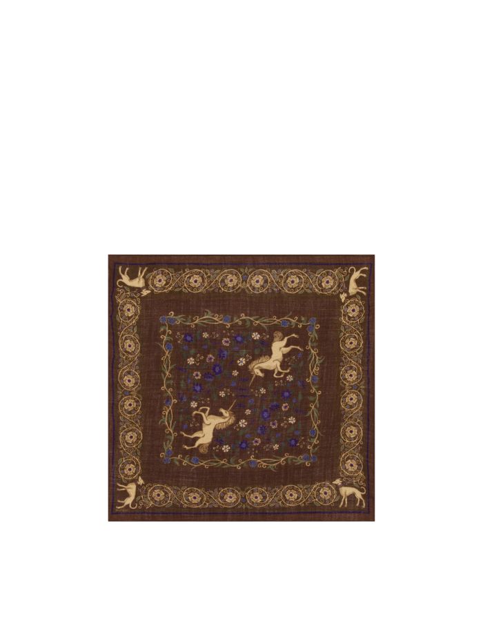 Echarpe bandana carree 75x75cm en laine marron hartford motif fleuri licornes