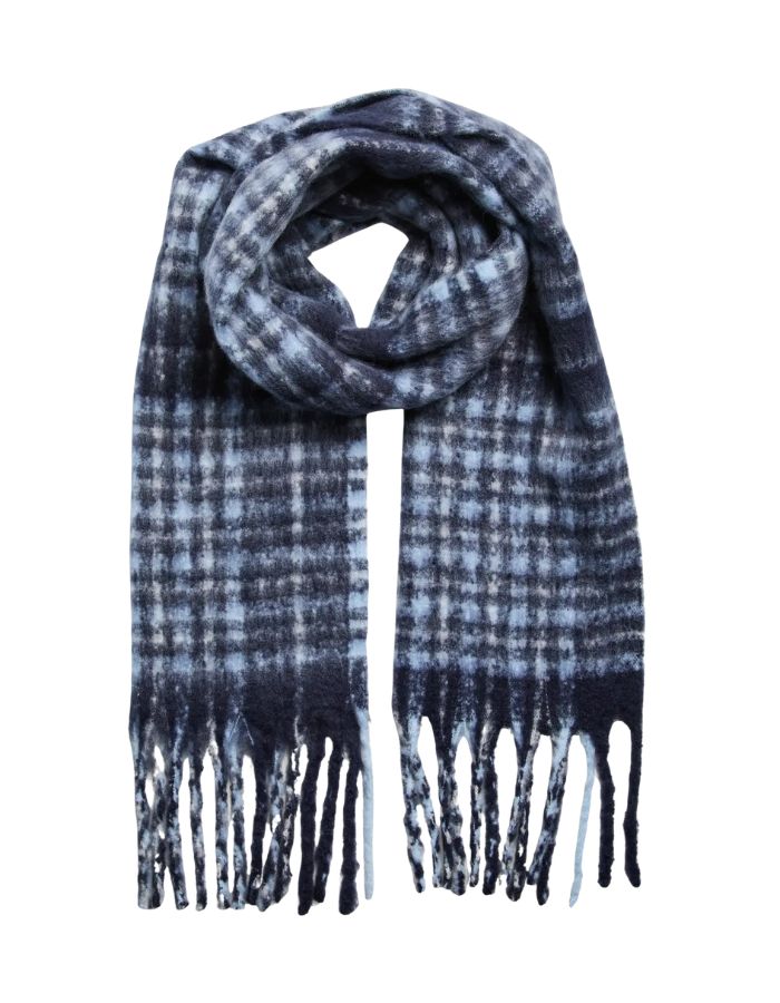 Echarpe longue frangee femme imprimee bleu marine bleu doux et ecru bea marque PIECES