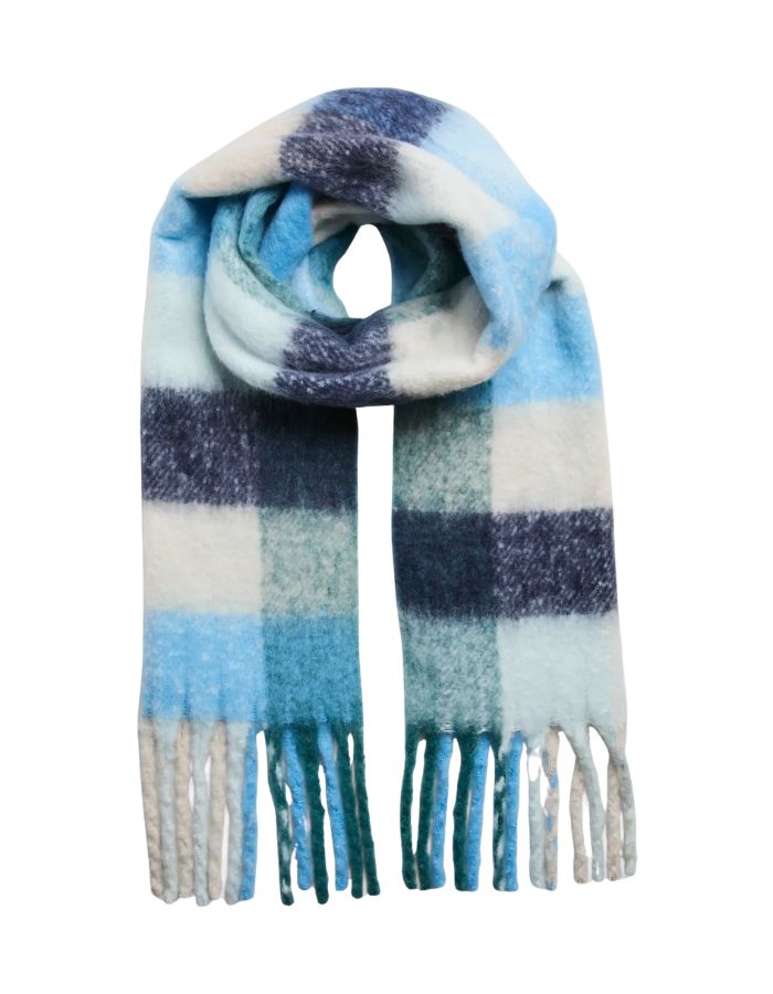Echarpe longue frangee femme a carreaux bleu marine bleu azur gris argent et vert sapin bea marque PIECES