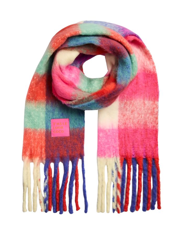 Echarpe longue fina vanille rose multicolore franges polyester recycle pieces
