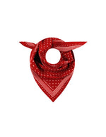 Foulard carré pour femme en coton imprimé pois et médaillon étoilé avec bordure rayée, modèle Allegra N°843 Theater de MOISMONT. Format 55x55 cm.