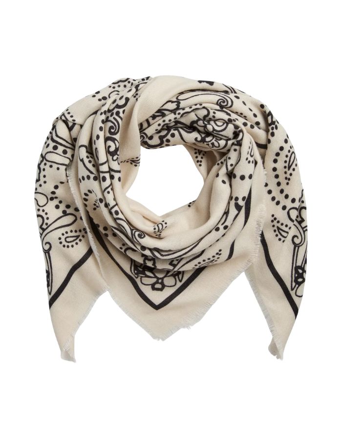 Foulard carré pour femme en polyester recyclé beige clair et imprimé graphique noir, dimensions 100x100 cm, modèle Mara de la marque PIECES.