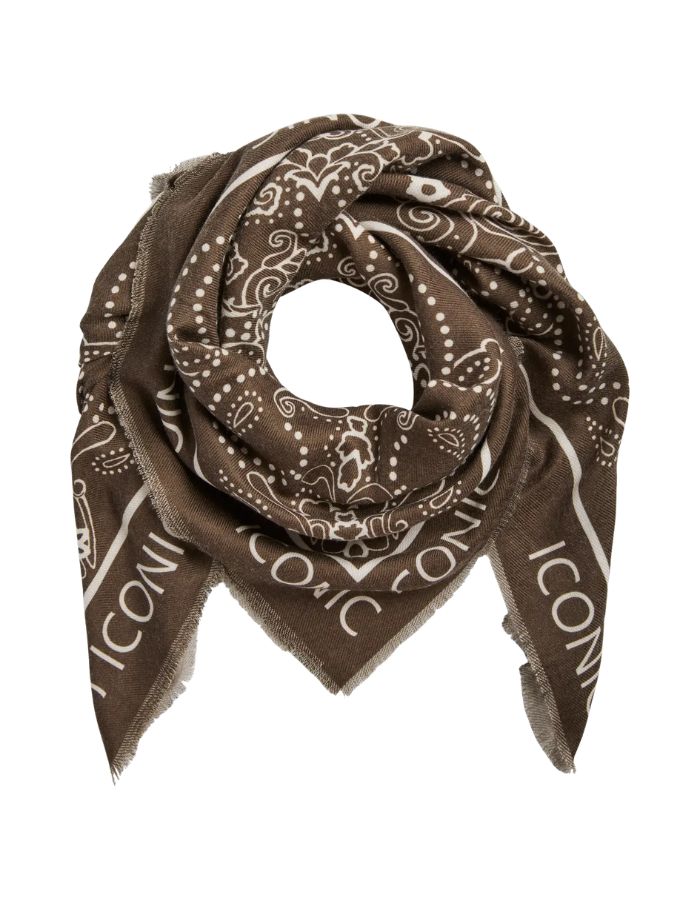 Foulard carré pour femme en polyester recyclé marron avec imprimé graphique beige, dimensions 100x100 cm, modèle Mara de la marque PIECES.