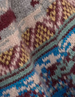 Matière du Gilet droit pour femme en maille jacquard multicolore avec fil métallisé, modèle Maja de la marque ba&sh. Tricot en laine certifiée avec motif graphique.