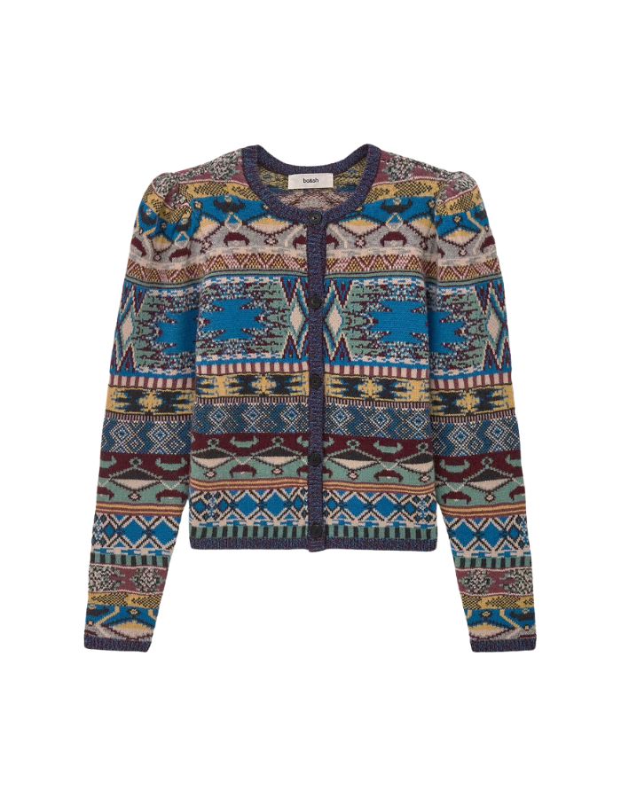 Gilet droit pour femme en maille jacquard multicolore avec fil métallisé, modèle Maja de la marque ba&sh. Tricot en laine certifiée avec motif graphique.