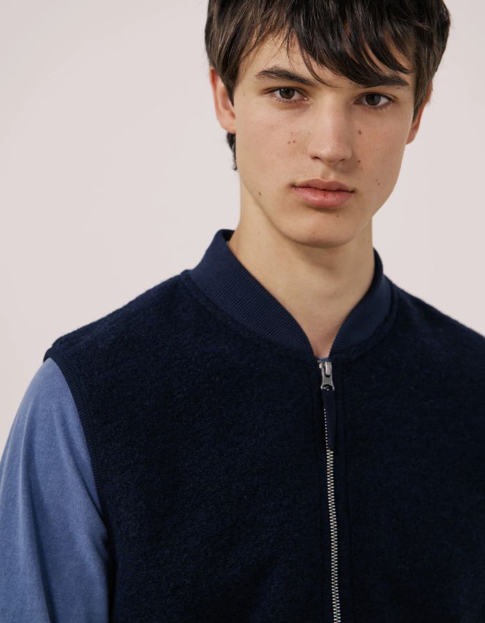 Col du Gilet homme sans manches en laine bouillie bleu marine boiled hartford double zip
