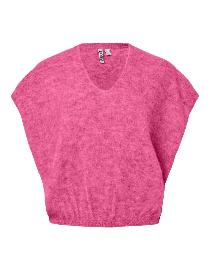 Pull sans manches en maille douce rose vif chiné shocking pink avec col en V et coupe ample, modèle Allie de la marque PIECES.