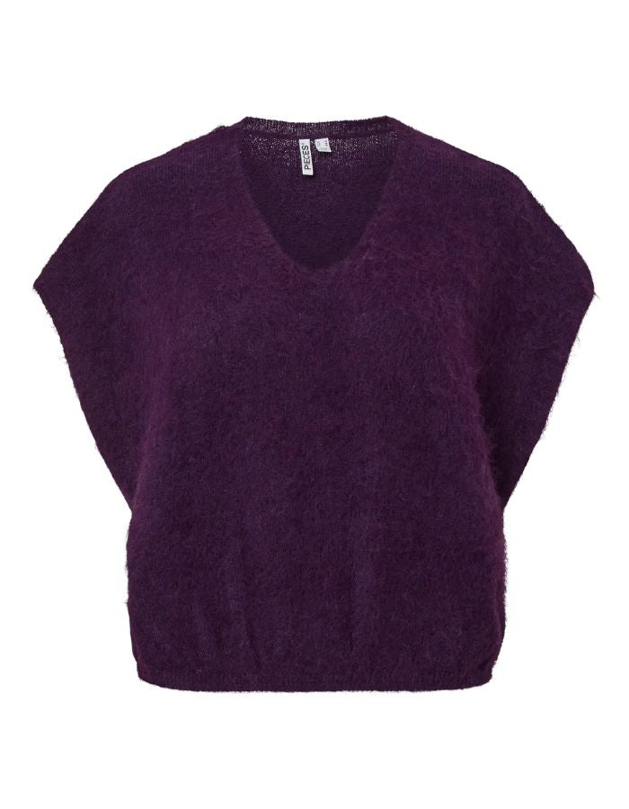 Pull sans manches en maille douce violet profond chiné acai melange avec col en V et coupe ample, modèle Allie de la marque PIECES