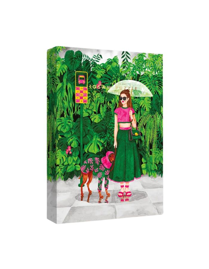 Boîte et puzzle assemblé de 1000 pièces Wet Season par All The Ways To Say montrant une femme à l'arrêt de bus sous la pluie avec son chien en imperméable