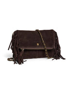 Sac bandoulière pour femme en cuir suédé marron chocolat avec volants et clous, modèle Aurora Suede Cross Body de PIECES. Présente une bandoulière et une chaîne.
