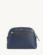 Dos du Petit sac bandoulière demi-lune pour femme en cuir grainé bleu nuit avec fermeture zippée, modèle Demi-Lune de la marque Loxwood.