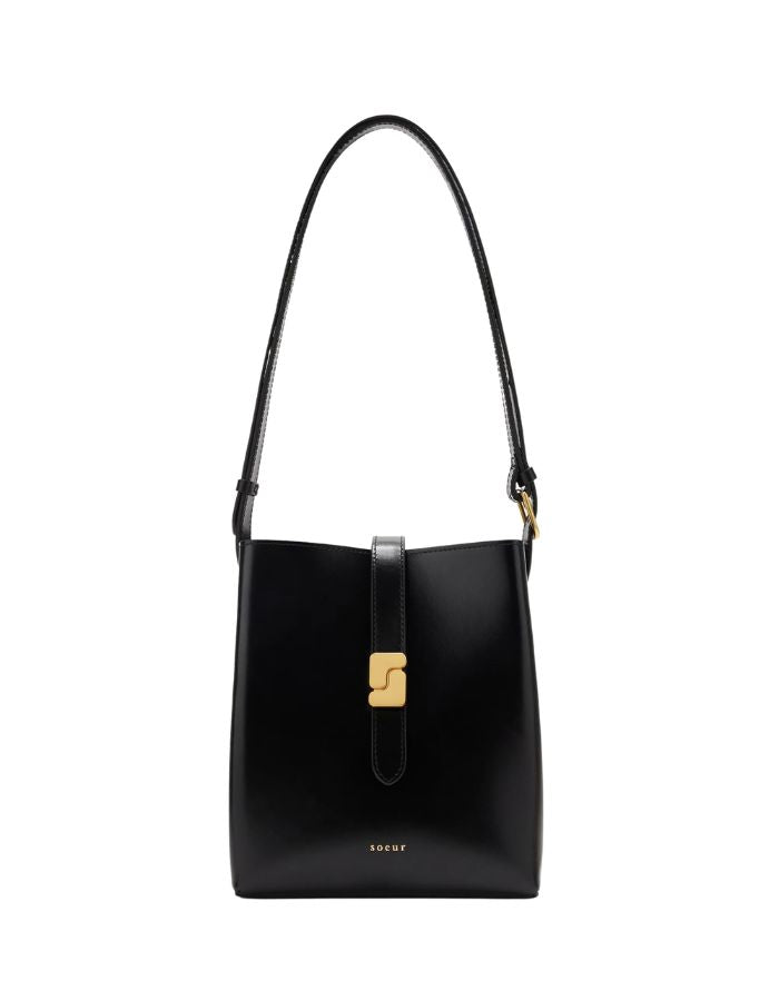 Petit sac seau noir en cuir box bello mini soeur boucle s doree ferme bouton pression
