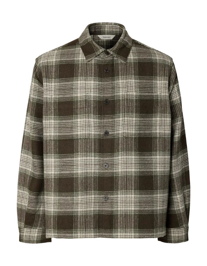 Surchemise en laine tweed carreaux vert forest night marron et beige pablo homme marque Selected