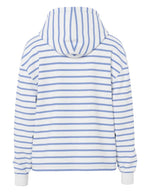 Dos du Sweat à capuche rayé blanc cassé et bleu hortensia pour femme avec broderie cœur, modèle Chilli LS Hoodie de PIECES. Intérieur molletonné gratté et emmanchures tombantes.