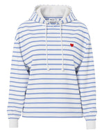 Sweat à capuche rayé blanc cassé et bleu hortensia pour femme avec broderie cœur, modèle Chilli LS Hoodie de PIECES. Intérieur molletonné gratté et emmanchures tombantes.