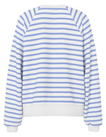 Dos du Sweatshirt col rond pour femme en jersey rayé blanc cassé et bleu hortensia avec motif cœur brodé, modèle Greta LS Emb UB Sweat de PIECES.