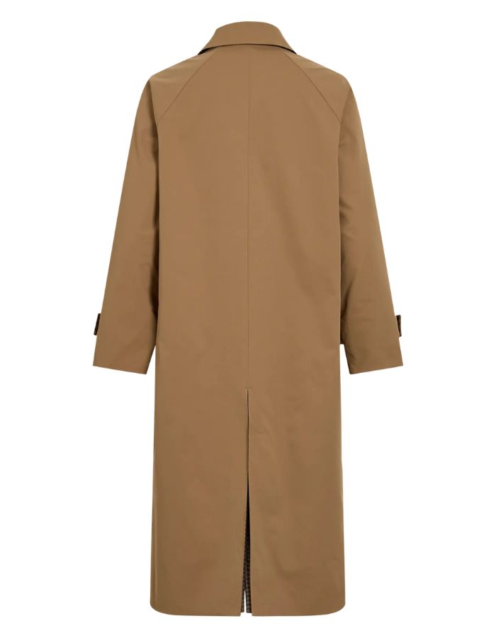 Dos du Trench-coat réversible pour femme couleur beige Ermine et imprimé marron Coffee Bean et bleu marine, modèle Tenela Rev de la marque ROUGE EDIT. Présente des manches raglan et des poignets boutonnés