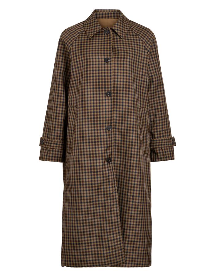 Côté réversible du Trench-coat pour femme couleur beige Ermine et imprimé marron Coffee Bean et bleu marine, modèle Tenela Rev de la marque ROUGE EDIT. Présente des manches raglan et des poignets boutonnés