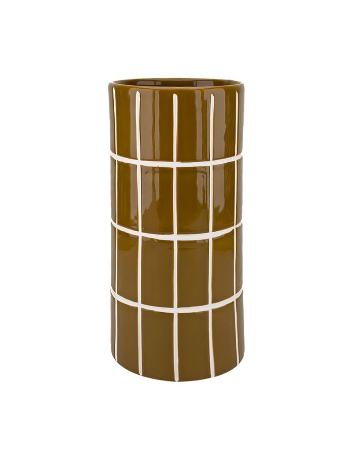 Vase sculptural en céramique émaillée brillante ocre à motif quadrillé relief carrelage marque Opjet 23cm