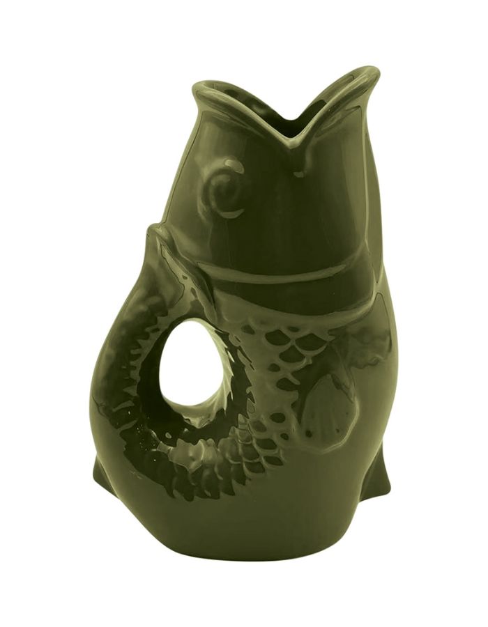 Vase pichet poisson en faïence kaki brillant, marque Opjet. Silhouette sculpturale rétro des années 60, hauteur de 25,3 cm, utilisable comme carafe ou vase.