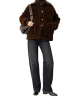 Vue de face de la Veste ample marron chocolat icy rocky sessun fausse fourrure mouton bouclee empiecements laine