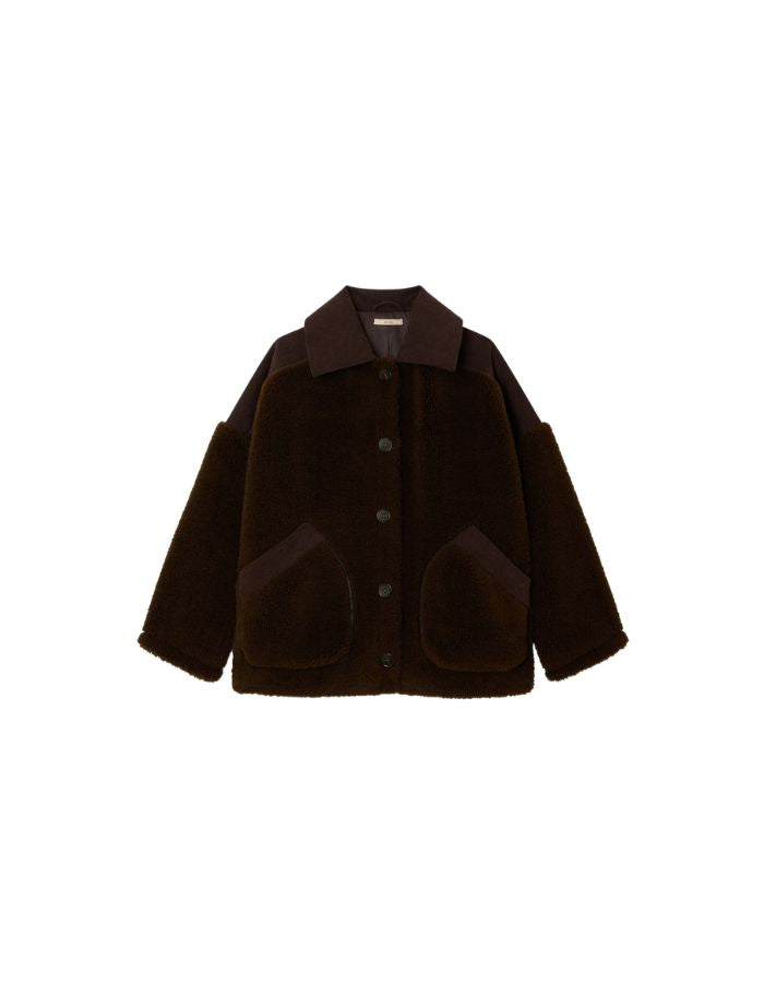 Veste ample marron chocolat icy rocky sessun fausse fourrure mouton bouclee empiecements laine