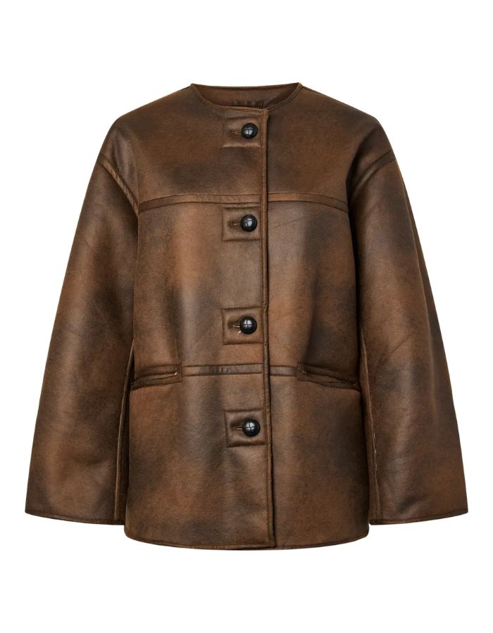 Veste réversible courte effet moumoute écru et suédine brossée marron bison avec col rond et poches avant