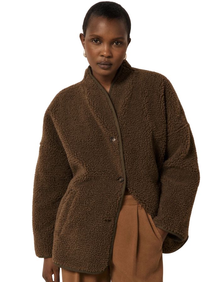 Veste courte femme sherpa marron valdi hartford encolure en v doublure velours poches laterales