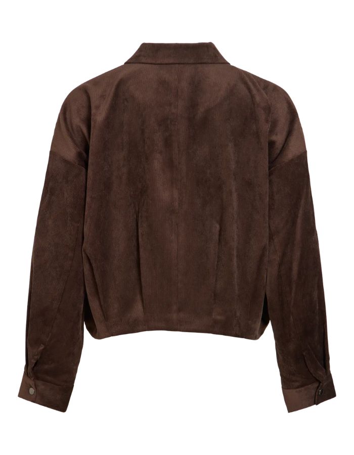 Dos de la Veste pour femme en velours côtelé couleur chocolat, modèle Courdie L/S Jacket de ROUGE EDIT. Encolure col V et fermeture boutonnée.